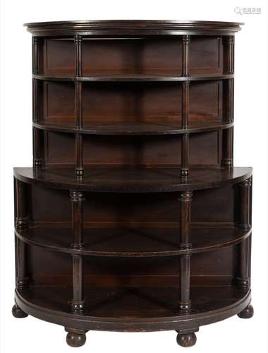 A stained and simulated rosewood graduated five tier half-round open display stand:,