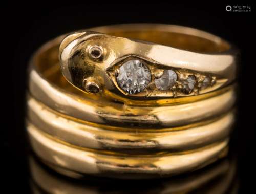 An 18ct gold and diamond 'snake' ring: the head with graduated, old-cut diamonds,