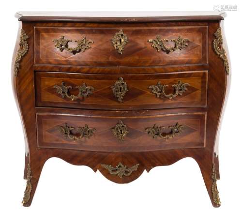 A Swedish mahogany, inlaid parquetry and gilt metal mounted bombe commode:,