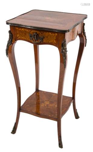 A French rosewood, floral marquetry and brass and gilt metal mounted two tier square etagere:,