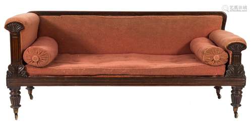 A Regency carved rosewood settee:, the upholstered panel back with plain top rail,