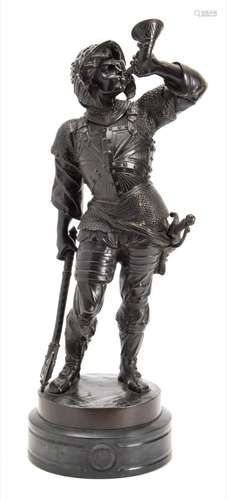 An early 20th century bronze figure of a Renaissance soldier: blowing a trumpet,