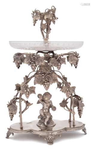 A Victorian silver plated table centrepiece by L&WS: the etched and cut class dish supported on an