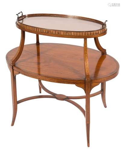An Edwardian satinwood banded inlaid and decorated oval two tier graduated Etagere:,