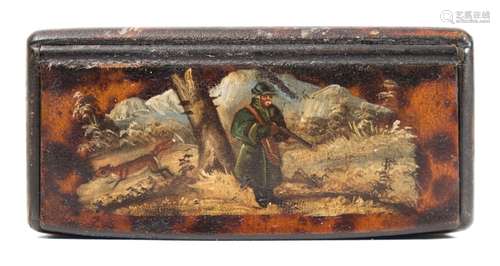 A 19th century papier mache snuff box: of rectangular outline, with faux tortoiseshell sides,