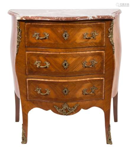 A French mahogany crossbanded and inlaid serpentine fronted bombe commode:, in the Louis XV taste,