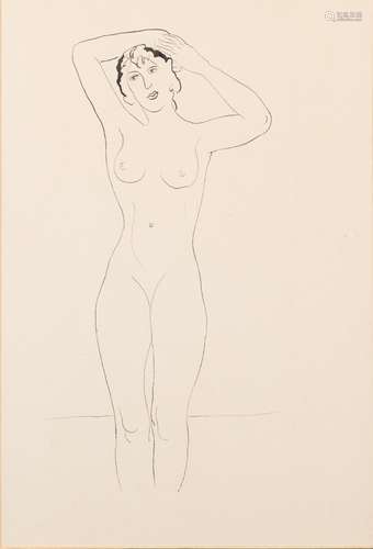 Christopher Wood [1901-1930]- Female nude standing,:- pen and ink drawing, 35 x 23.