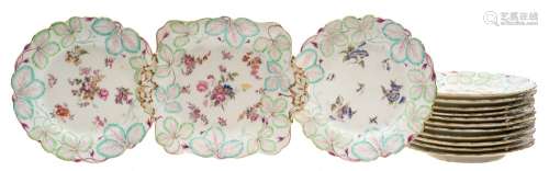 A porcelain dessert service in the Longton Hall manner: the borders moulded with strawberry leaves