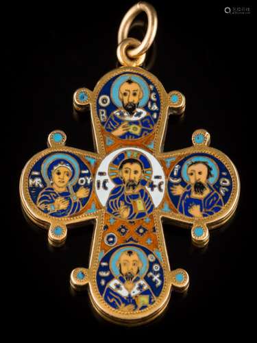 An early 20th century enamelled cross pendant: decorated in polychrome enamel depicting images of