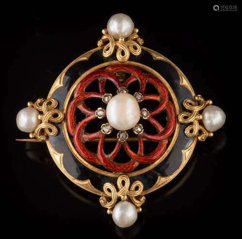 A late 19th century enamelled baroque pearl and rose diamond circular brooch: approximately 46mm