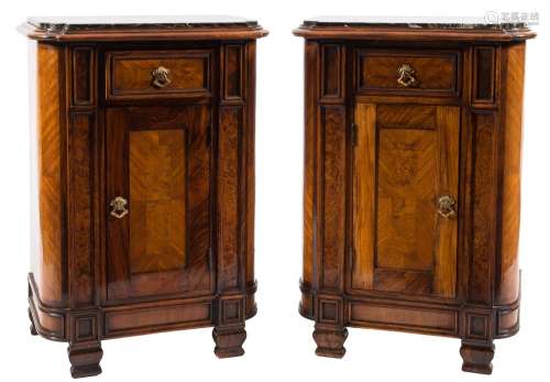 A pair of French walnut and crossbanded pedestal cupboards:, of slightly bowed breakfront outline,
