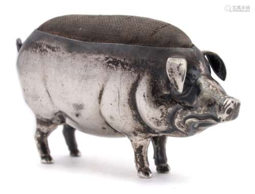 An Edward VII silver novelty pin cushion, maker M Bros, Birmingham, 1905: in the form of a pig,