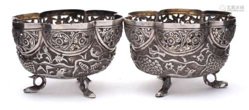 A pair of Indian silver bon-bon dishes: unmarked, of circular lobed form,