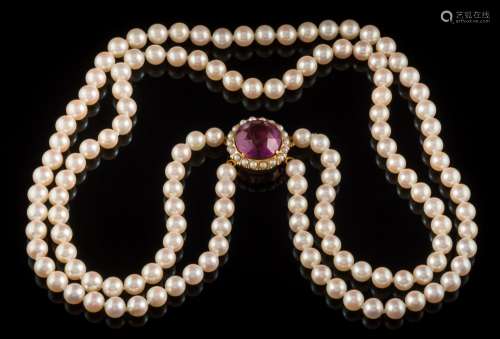 A cultured pearl two-string necklace: with strings composed of sixty-five and sixty-eight cultured