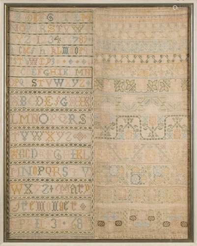 A 17th century banded sampler: with upper case alphabet, arabic numerals,