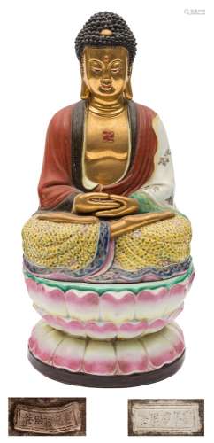 A Chinese porcelain figure of Buddha: in dhyana mudra pose,