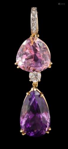 A modern kunzite, amethyst and diamond pendant: with tear-drop amethyst approximately 23mm long,