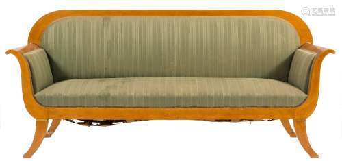 A Swedish birch settee in the Biedermeier style:, the upholstered back with curved top rail,