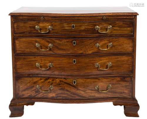 A George III mahogany serpentine fronted chest:, the top with a moulded edge,