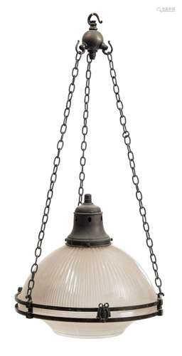 A Victorian opaque glass ceiling light: the domed and fluted shade supported on a bronzed metal