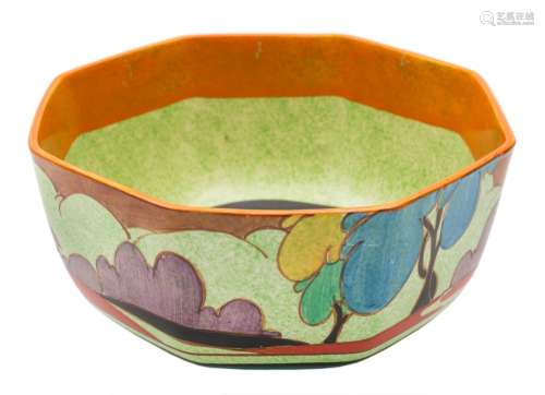 A Clarice Cliff Bizarre bowl: of octagonal form decorated in the Autumn (Balloon Trees) pattern