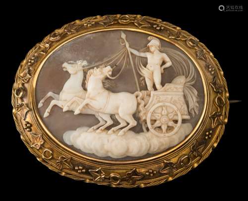 A 19th century oval cameo pendant/brooch: the oval shell cameo approximately 55mm long and