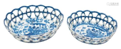 Two Bow blue and white oval baskets: of flared lattice work form,