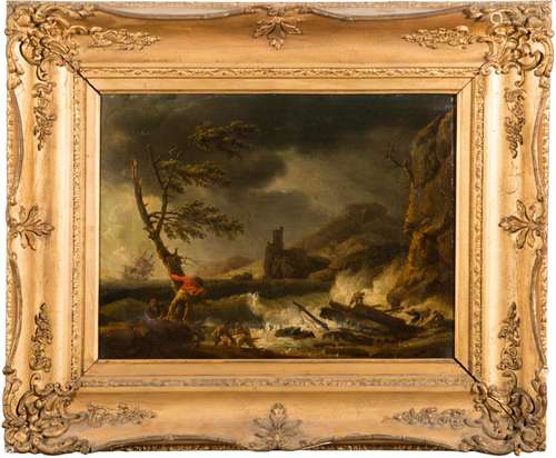 Circle of Philip de Loutherbourg [1759-1837]- A stormy coastal scene with figures salvaging a