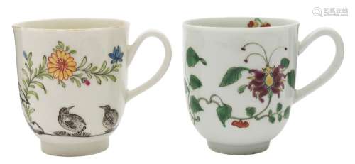 Two First Period Worcester polychrome coffee cups: one painted with the 'Honeysuckle' or 'Hibiscus'