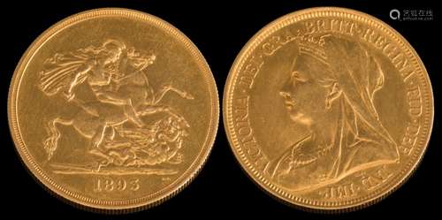 A Queen Victoria five pound coin dated 1893: veiled bust left, St George to the reverse,