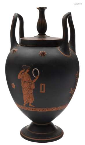 A Wedgwood black basalt encaustic-painted vase and cover: of ovoid form with upright loop handles,