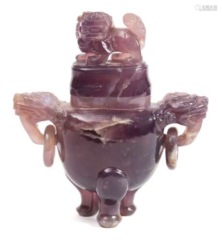 A Chinese amethyst quartz tripod censer and cover: with lion dog finial and similar loose ring