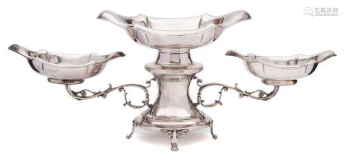 A silver plated twin-branch table centrepiece: the central cartouche-shaped dish on a waisted stem