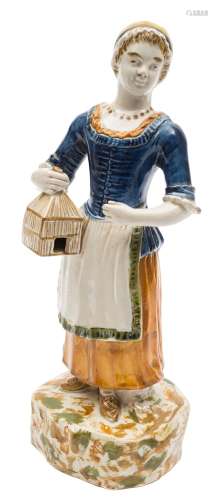 A Pratt pearlware figure of Matrimony: the girl holding a bird cage and wearing a mob cap,