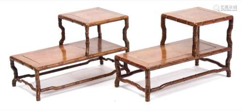 A pair of Chinese two-tier polished wood stands: of rectangular outline,