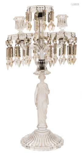 A figural glass candelabra: modelled with a moulded frosted glass female figure on a lobed domed