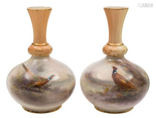 A pair of Royal Worcester vases by James Stinton: each of squat baluster form with leaf moulded