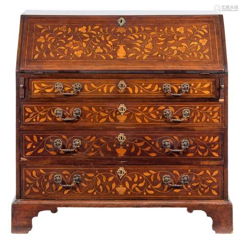 An 18th Century mahogany and later floral marquetry bureau:,