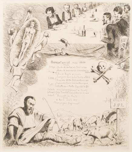 English School- A banquet in memory of Jean Paul Laurens, 1880, etching,