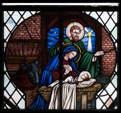 A 19th century stained glass panel: depicting the nativity,