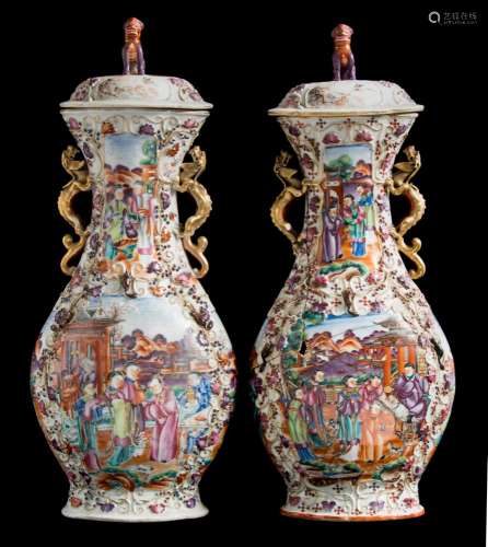 A pair of large Chinese famille rose porcelain export vases and covers: each of quadrilobed form