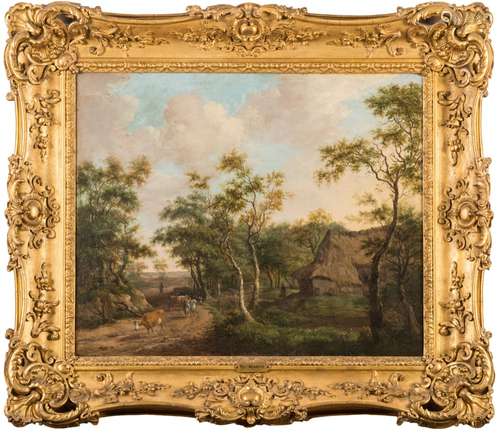 Patrick Nasmyth [1787-1831]- Figures and cattle on a woodland path, a farmstead beyond,