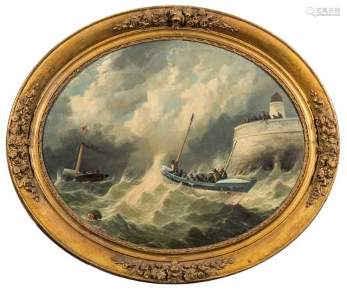 Attributed to John Callow [1822-1878]- Staithes lifeboat in heavy seas being towed-out by a