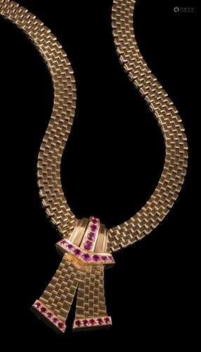 A 9ct gold and ruby mounted, brick-link necklace: of ribbon design, London Assay marks,