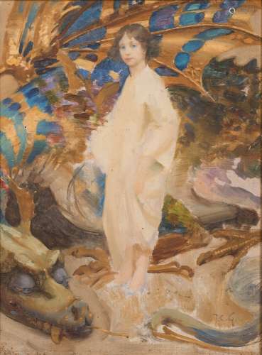 Thomas Cooper Gotch [1854-1931]- The Child in the World; 1895,:- an oil sketch study initialled T.