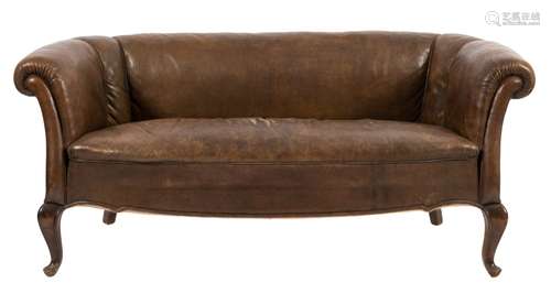 A Swedish Chesterfield style sofa:, upholstered in plain brown leather, on cabriole front legs,