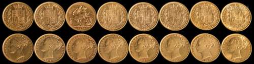 Eight Victoria 'young head' sovereigns: with dates ranging 1855 to 1876.