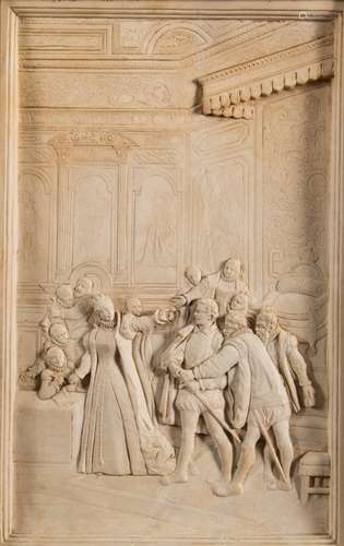 A plaster plaque: depicting Queen Elizabeth in a palace interior, contained in an oak frame,