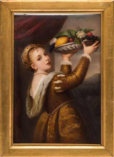 A KPM Berlin porcelain plaque: of rectangular form enamelled with a girl holding aloft a basket of