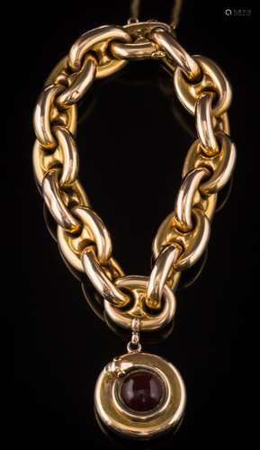 A 19th century hollow gold 'anchor chain' link bracelet: with attached snake motif and cabochon